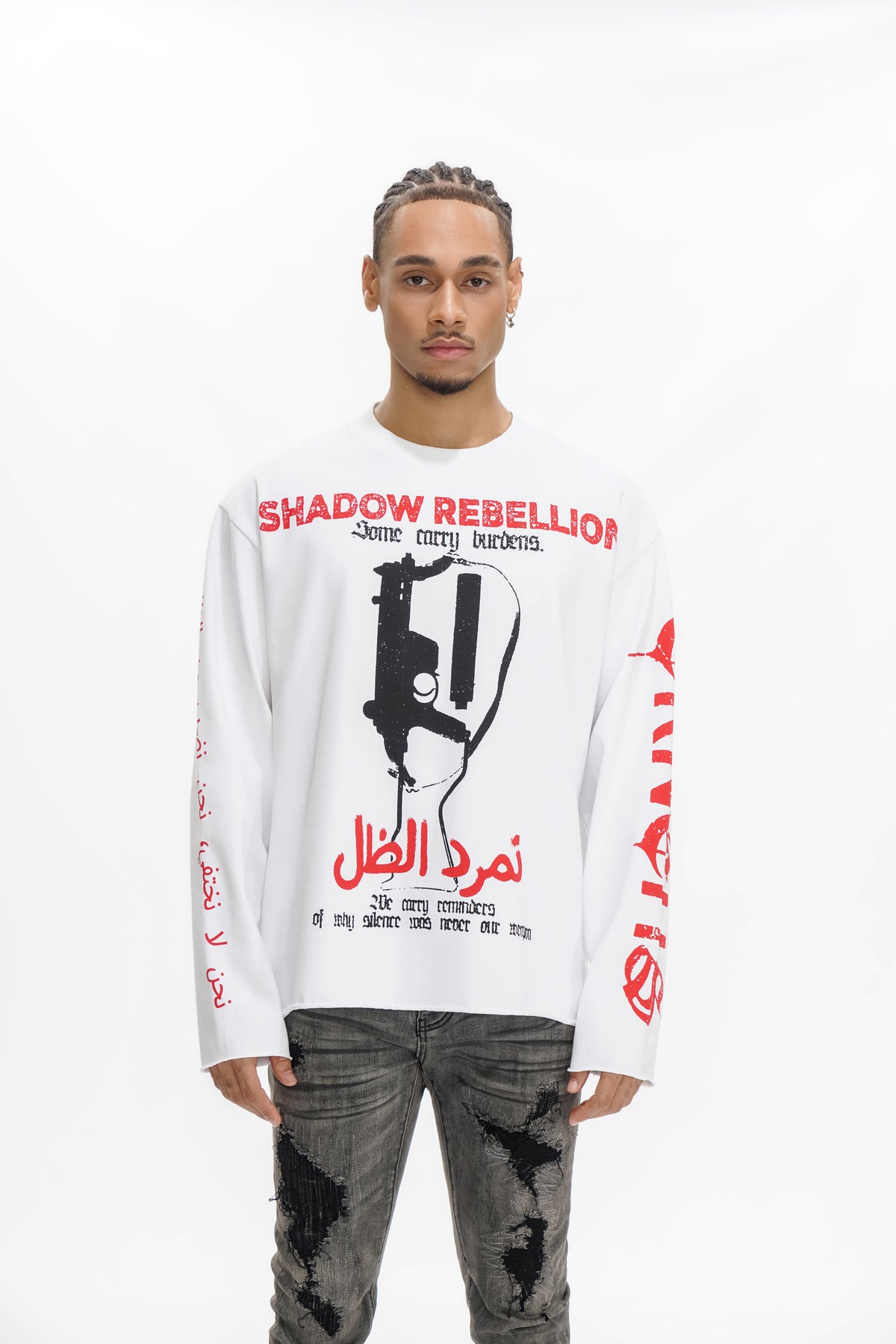 "SHADOW REBELLION" Weißes Langarmshirt